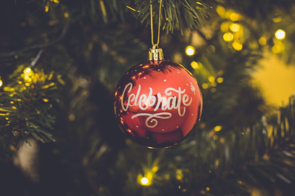 An ornament hanging from a tree.