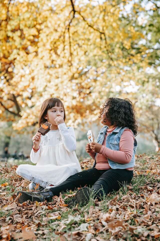 Two children eating ice cream while sitting on the ground. The ground is covered in colorful autumn leaves.