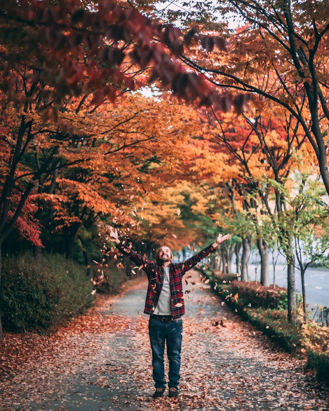 A man standing under various tress.