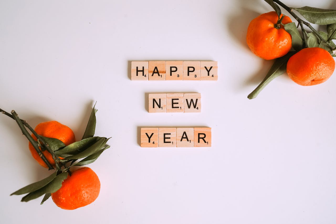 Small wooden letters that spell out happy new year.