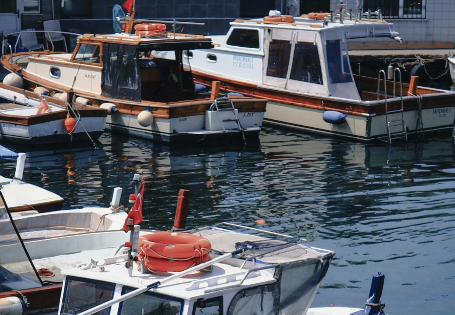 Several docked boats.